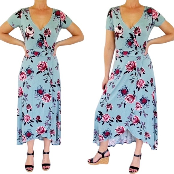 About a Girl sage ivory floral v-neck short sleeve wrap style dress size large - Picture 1 of 12